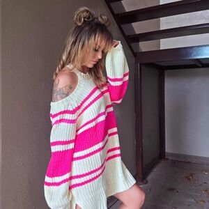 Pink and Cream Striped Cold Shoulder Sweater Dress